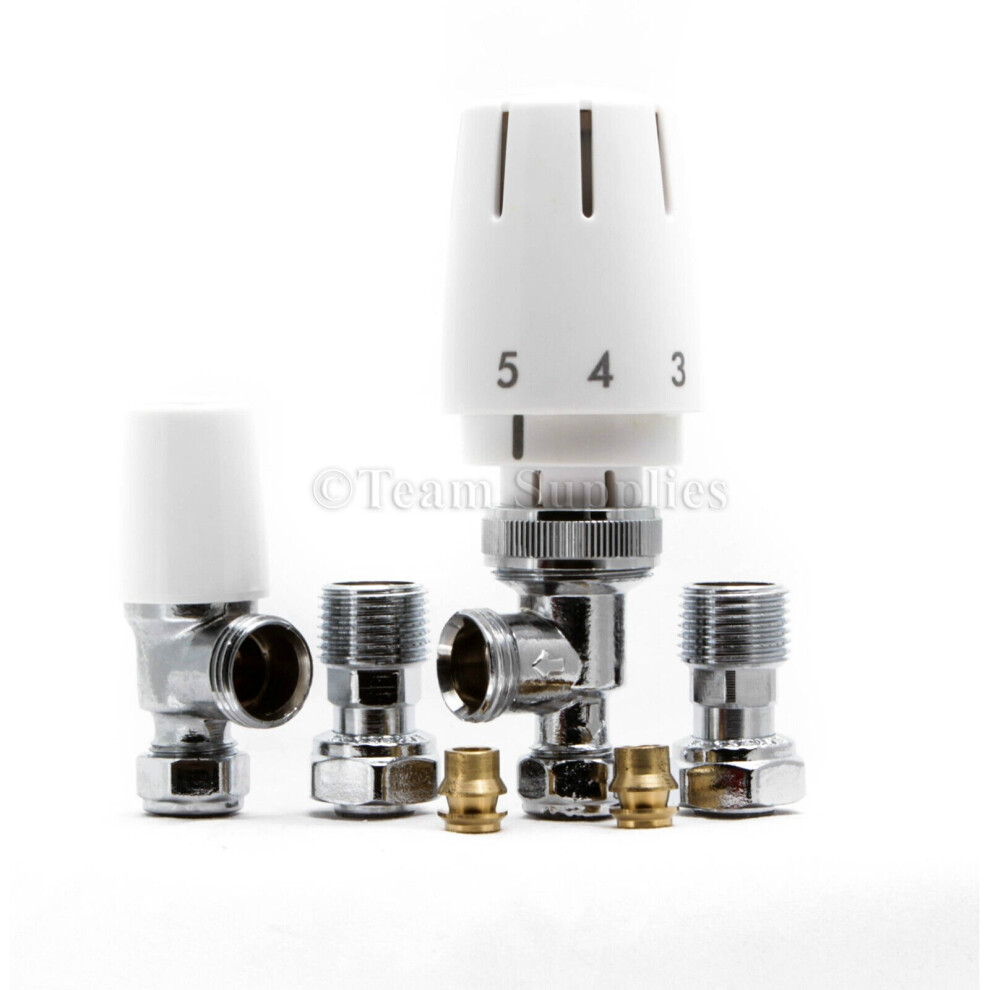 ERES THERMOSTATIC RADIATOR VALVE 8MM 10MM LOCKSHIELD TRV ANGLED PACK SET WHITE