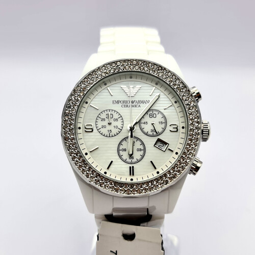 NEW EMPORIO ARMANI AR1456 WHITE DIAL CERAMIC CRYSTALS LADIES WATCH
