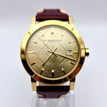 NEW GENUINE BURBERRY THE CITY BU9017 LEATHER RED STRAP GOLD DIAL WATCH