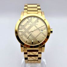 NEW BURBERRY BU9038 THE CITY SWISS YELLOW GOLD CHECK ENGRAVED WATCH
