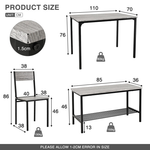 ELECWISH (Grey: 2 Chairs + 1 Bench) 3/4pcs Dining Table Set 2 Chair Dining Table Bench 1