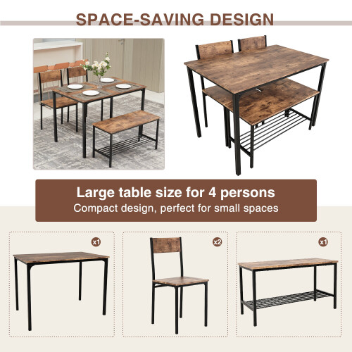 ELECWISH (Brown: 2 Chairs + 1 Bench) 3/4pcs Dining Table Set 2 Chair Dining Table Bench 1