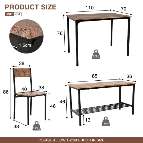 ELECWISH (Brown: 2 Chairs + 1 Bench) 3/4pcs Dining Table Set 2 Chair Dining Table Bench 2