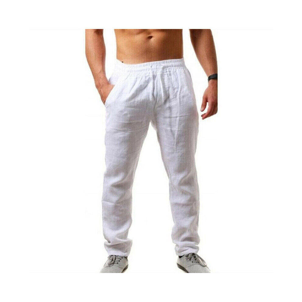 (White, XL) Men Casual Cotton Linen Solid Pants Breathable Baggy Drawstring Yoga Trousers