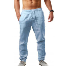 (Sky Blue, 3XL) Men Casual Cotton Linen Solid Pants Breathable Baggy Drawstring Yoga Trousers