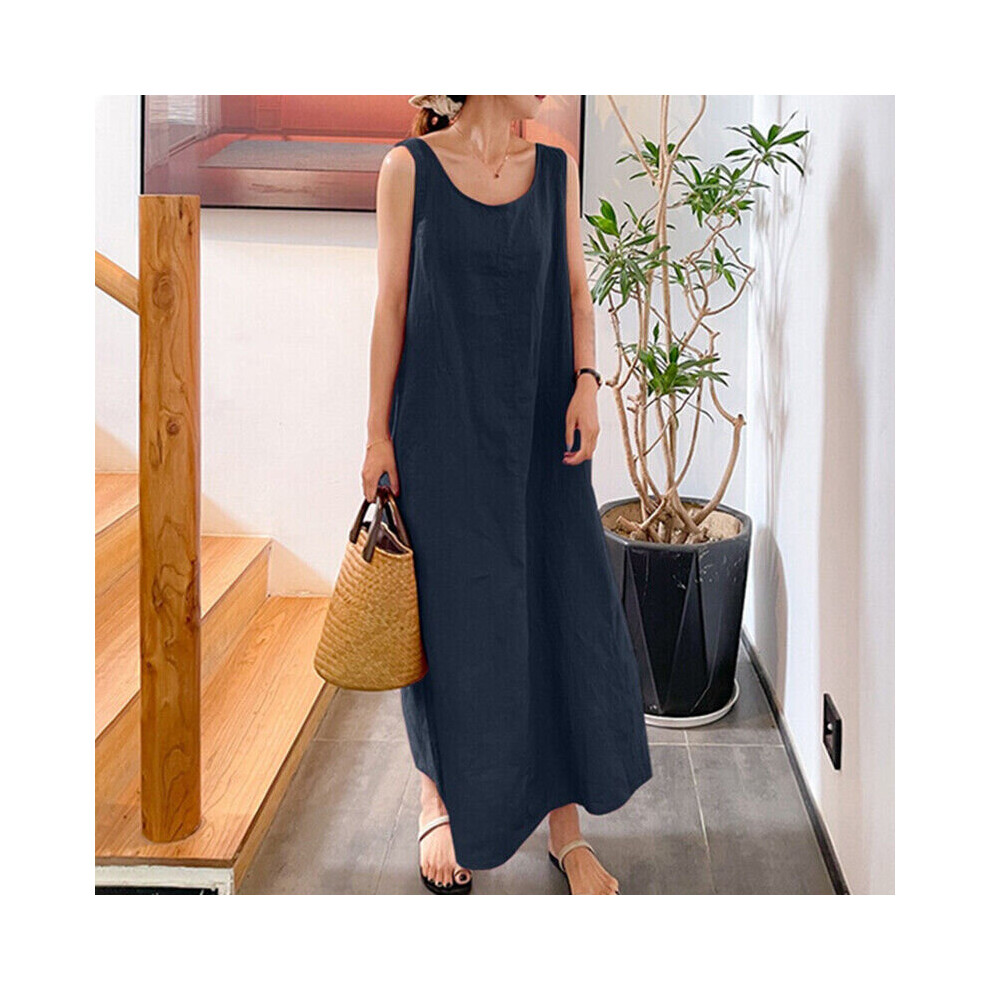 (Navy Blue, Tag Size 4XL=UK Size 22) Womens Plain Cotton Linen Sleeveless Dress Ladies Casual Crew Neck Maxi Sundress