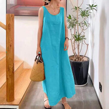 (Blue, Tag Size XL=UK Size 16) Womens Plain Cotton Linen Sleeveless Dress Ladies Casual Crew Neck Maxi Sundress