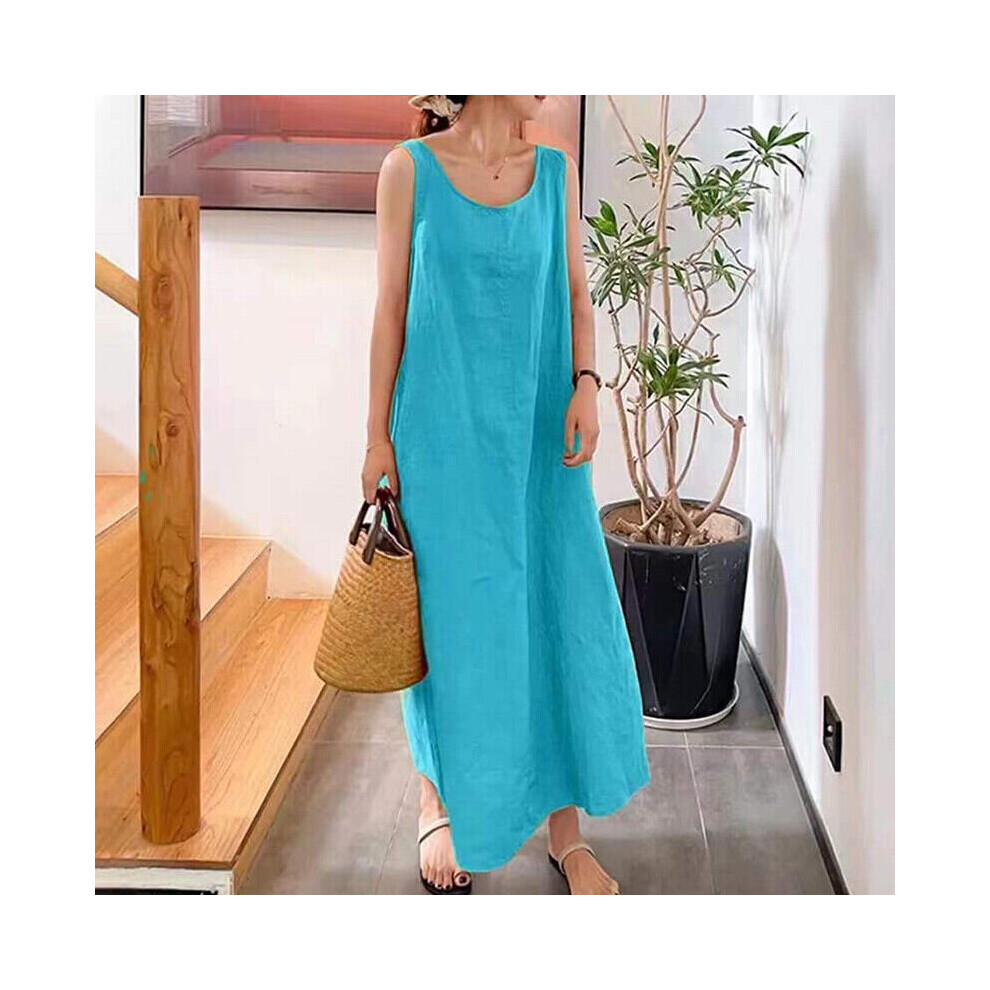 (Blue, Tag Size XL=UK Size 16) Womens Plain Cotton Linen Sleeveless Dress Ladies Casual Crew Neck Maxi Sundress