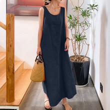 (Navy Blue, Tag Size M=UK Size 12) Womens Plain Cotton Linen Sleeveless Dress Ladies Casual Crew Neck Maxi Sundress