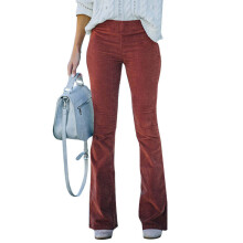 (Brick Red, M) Womens Elastic Waist Corduroy Flared Trousers Ladies Slim Fit Solid Casual Pants