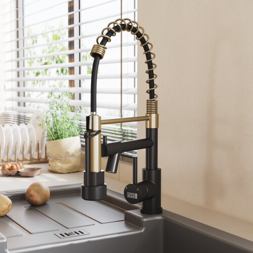 (Golden + Black) Stainless Steel Kitchen Faucet with Pull Down Spring Spout and Pot Filler