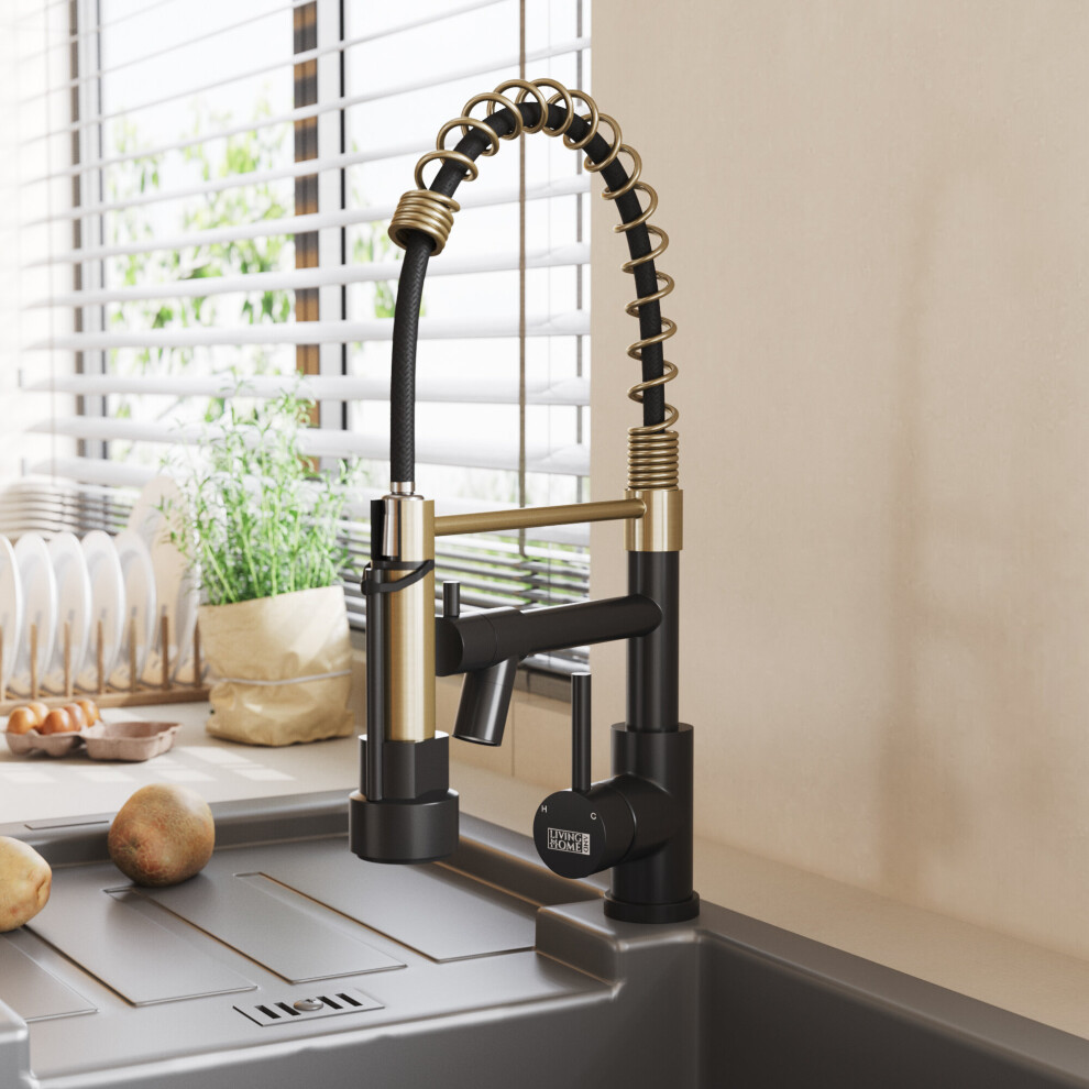 (Golden + Black) Stainless Steel Kitchen Faucet with Pull Down Spring Spout and Pot Filler