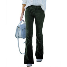 (Dark Green, L) Womens Elastic Waist Corduroy Flared Trousers Ladies Slim Fit Solid Casual Pants