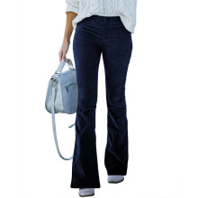 (Black, S) Womens Elastic Waist Corduroy Flared Trousers Ladies Slim Fit Solid Casual Pants