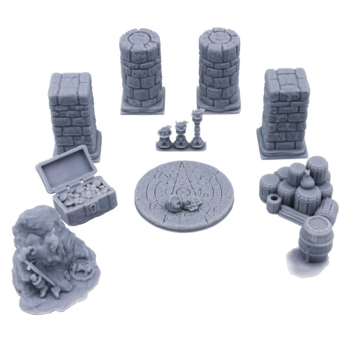 11 Piece Dungeon Scatter | Includes Pillars, Treasure Chest, Barrels