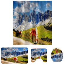 (C) 4/3/1PCS Horse Bathroom Rug Shower Curtain 4pcs Skidproof Toilet Lid Cover Bath Mat Rug Set