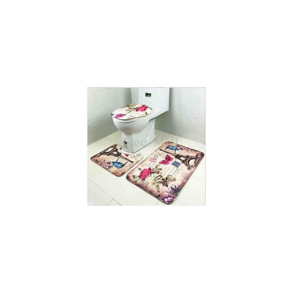 (3) 3Pcs Bathroom Eiffel Non-Slip Carpet Pedestal Rug+Lid Toilet Cover+Bath Carpet