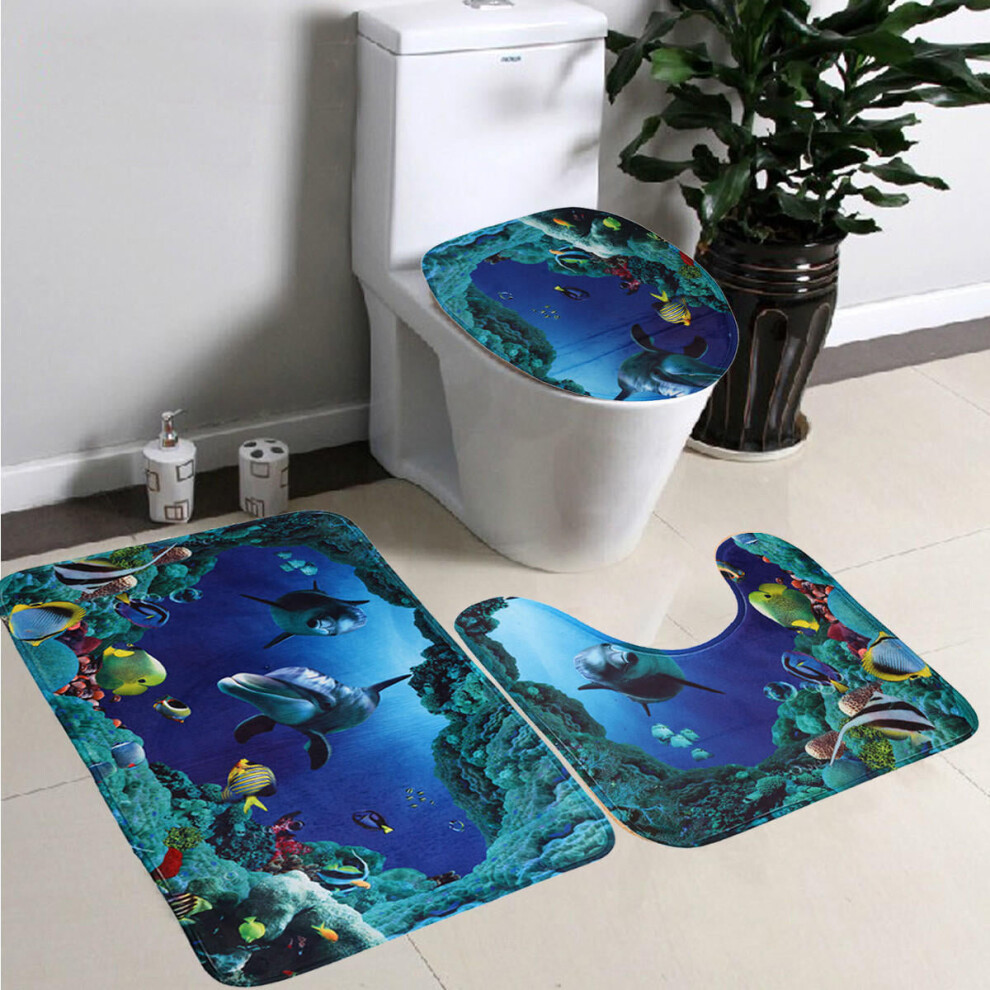 3pcs/Set Soft Flannel Blue Sea Contour Pedestal Rug Lid Toilet Cover Bath Mat Carpet