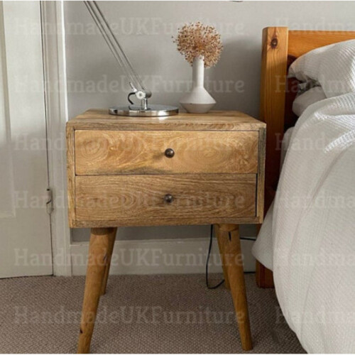 Nordic Bedside Table Mid Century Side Cabinet Solid Wood Scandinavian 2 Drawers