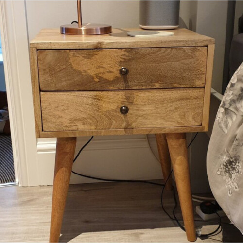 Nordic Bedside Table Mid Century Side Cabinet Solid Wood Scandinavian 2 Drawers 2