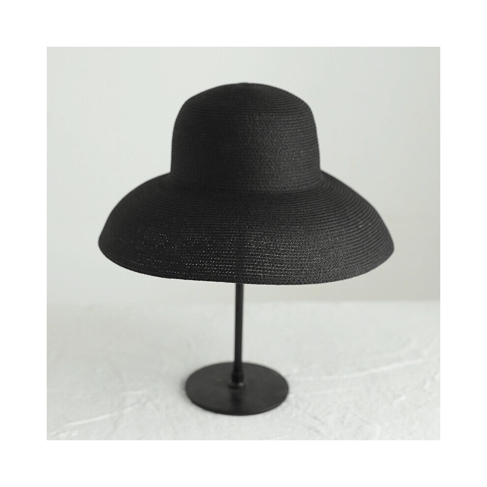 (Black) Hepburn Handmade Straw Hat Women Retro Big Eaves Beach Sunbonnet Solid Color Round Top Fisherman Cap Holiday Foldable gorras