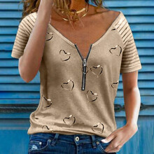 (Khaki, M) Womens Heart Print V Neck T Shirt Tops Ladies Casual Short Sleeve Zipper Blouse