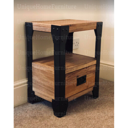 Industrial Bedside Table Vintage Retro Nightstand Rustic Metal Solid Wood Side Cabinet