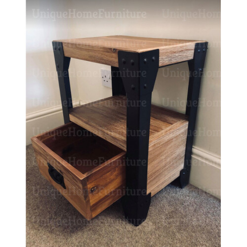 Industrial Bedside Table Vintage Retro Nightstand Rustic Metal Solid Wood Side Cabinet 1
