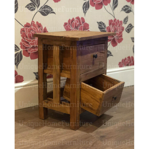 Rustic Bedside Table Small Wooden Cabinet Vintage Side End Unit Industrial Style Solid Wood Drawers 1
