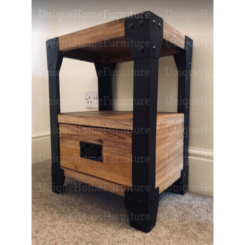Industrial Bedside Table Vintage Retro Nightstand Rustic Metal Solid Wood Side Cabinet 2