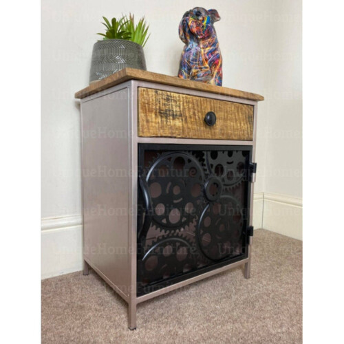 Industrial Bedside Table Rustic Metal Side Cabinet Vintage Retro Storage Cupboard