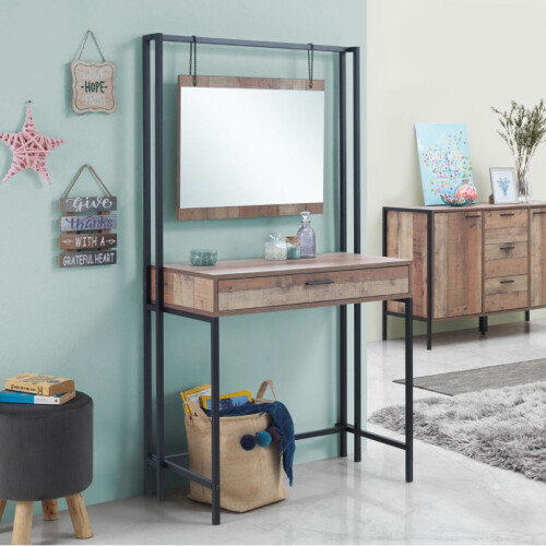 Industrial Dressing Table Vintage Retro Vanity Unit Mirror Rustic Oak Bedroom