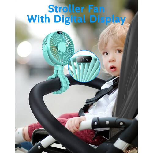 (Green) Youngshion Portable Stroller Fan LED Display Handheld Cooling Fan 1