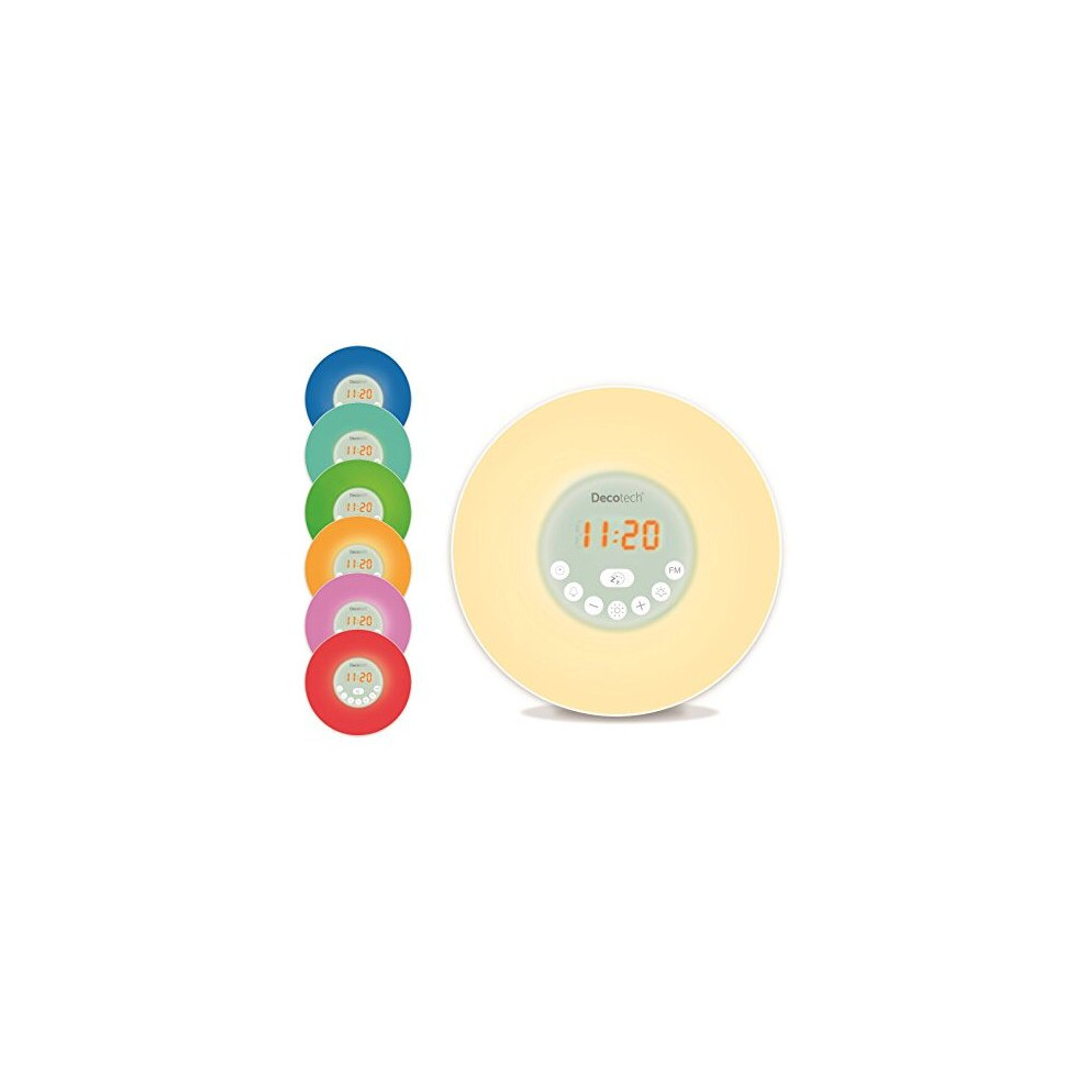 Decotech Sunrise Colour Alarm Clock Wakeup Fm Radio Bedside Lamp Sunrise And Sunset Simulation 6 Natural Sounds Snooze Night Rl998 Light Lexibook