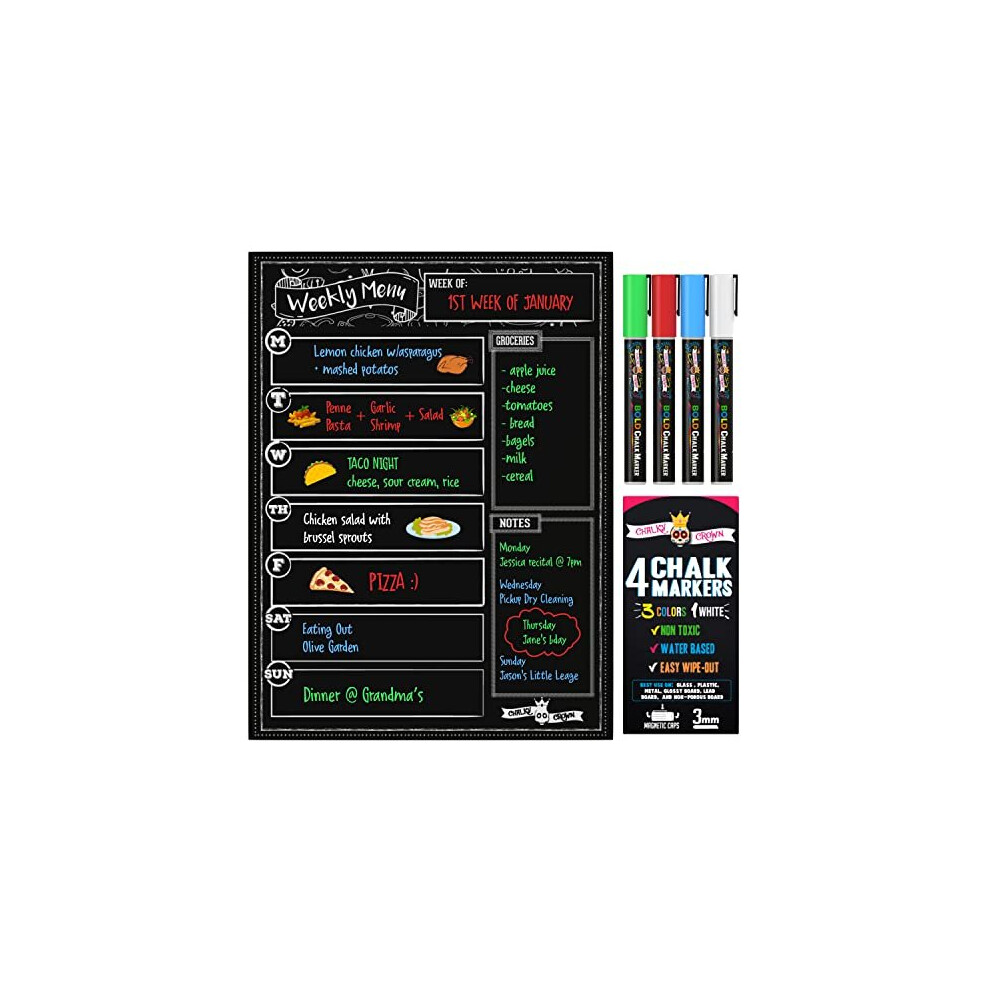 Magnetic Dry Erase Menu Board for Fridge Includes 4 Liquid Chalk Markers Weekly Meal Planner Blackboard Grocery List and Notepad for Kitchen