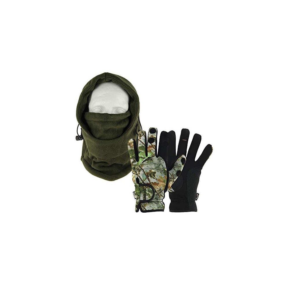 Cold Weather Carp Fishing Fleece Lined OD Green Adjustable Snood with Gloves Medium Large or Extra Large You Pick Medium Gloves