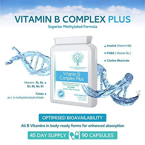 Vitamin B Complex Plus 90 Capsules Superior Methylated Formula with Added Choline PABA Inositol Includes Essential Multi BVitamins B1 B2 B3 B5 B6 B12 2