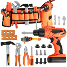19 Pcs Kids Construction Tool Toy Set with Tool Belt Real Construction Pretend Play Kits Includes Electric Power Drill and Construction Tool Set