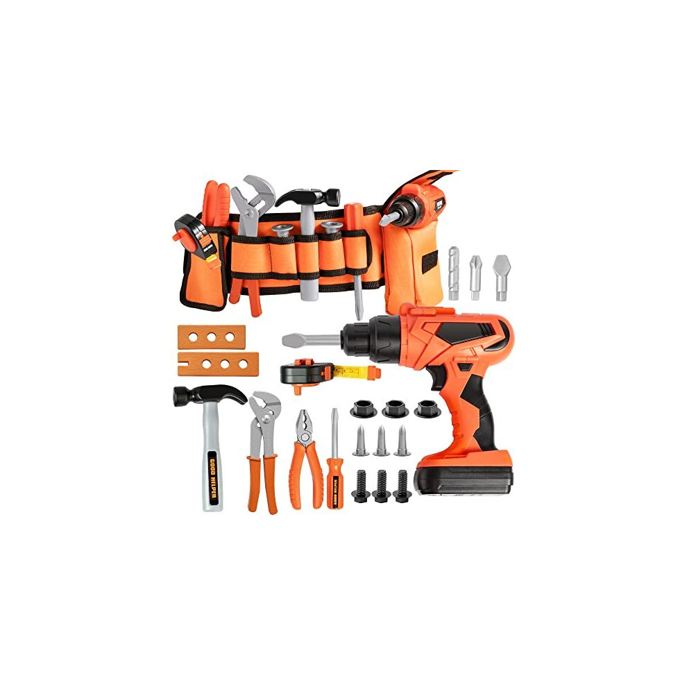 19 Pcs Kids Construction Tool Toy Set with Tool Belt Real Construction Pretend Play Kits Includes Electric Power Drill and Construction Tool Set