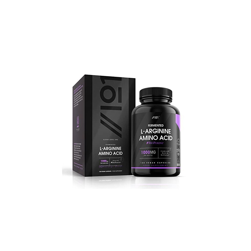 LArginine 1000mg Potent Amino Acids Naturally Fermented L Arginine Made with BioPerine Biotin 120 Vegan Capsules