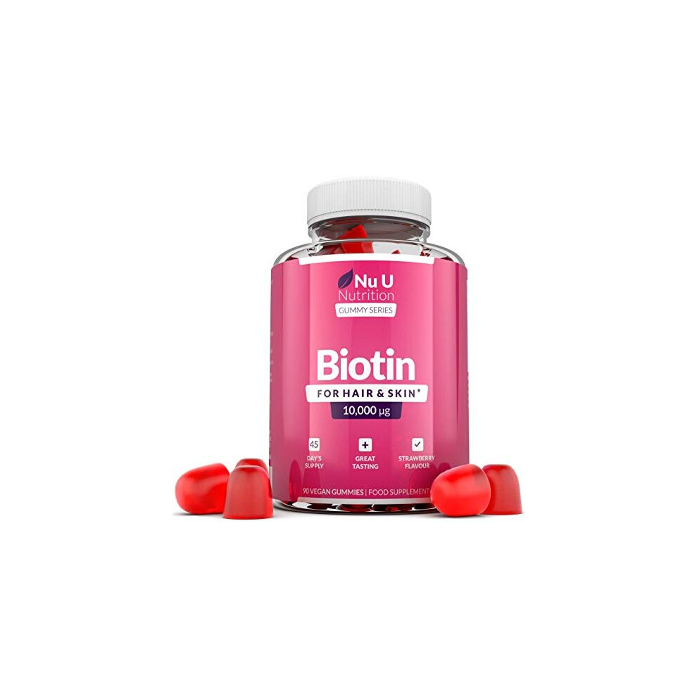 Nu U Nutrition Biotin Hair Gummies 10000Mcg 90 Vegan Gummies 45 Day Supply Strawberry Flavour Supports Normal Skin Hair Growth Chewable Hair Vitamins