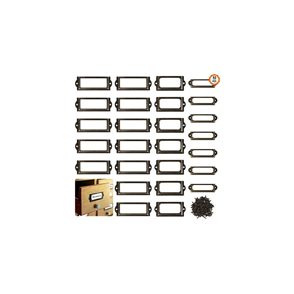 50Pcs Metal Label Holder Furniture Drawer Cabinet Card Holder Antique Brass Metal File Cabinet Drawer Tag with Screws for Office Library Bookshelf