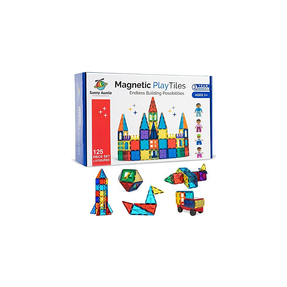 Sunny Auntie Magnetic Tiles 125 Pcs 4 Figures Magnetic Tiles For Kids Toy For 3 4 5 6 7 Year Old Boys Girls Educational Construction Stem Toy Magnetic Tiles