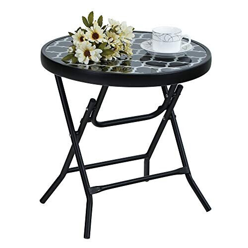 Folding Side Table Foldable Coffee Table Outdoor Garden Table Small Round Patio Table Black