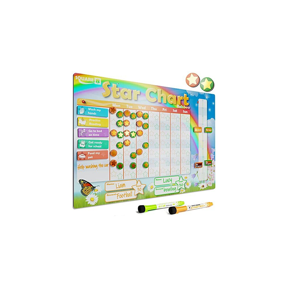 Rainbow Magnetic Reward Chart with Golden Stars Encourage Good Behaviour and Develop LifeLong Positive Habits Reward Stars Marker Pens Activity