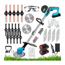 Cordless Metal Blade Strimmer with Power Display, 4-in-1 Grass Trimmer, 2x Lithium Batteries, Quick-Change Blades, Adjustable 90-Degree Head