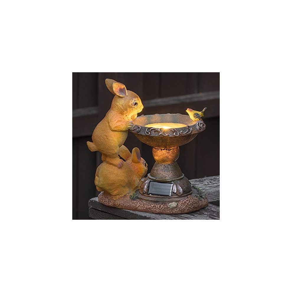 Outdoor Solar Rabbit Bird Bath Statue Ornament Waterproof Resin Sculpture with Solar Powered Lights Animal Figurine for Yard Lawn Garden Home