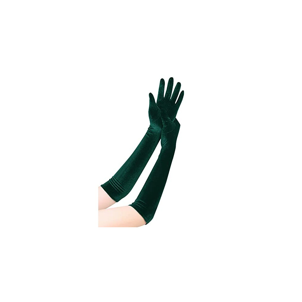 Eorube Long Opera Gloves For Women Velvet Gloves 1920S Flapper Stretchy Elbow Length Halloween Costume Gloves Dark Green