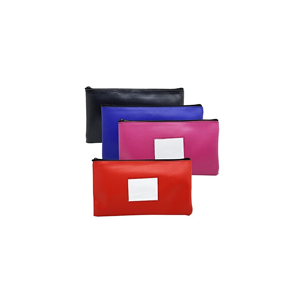 Bank Deposit Money Bag Pouch 4 Pack Utility Leatherette Securit Vinyl Zipper Wallet Pouches with Framed ID Window and Blank Card for Cash Money Pack