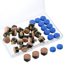 30 Pieces Cue Tips 10 mm Pool Cue Tips Snooker Cue Tips Screw On with Plastic Storage Box for Pool Cues and SnookerBrown Blue